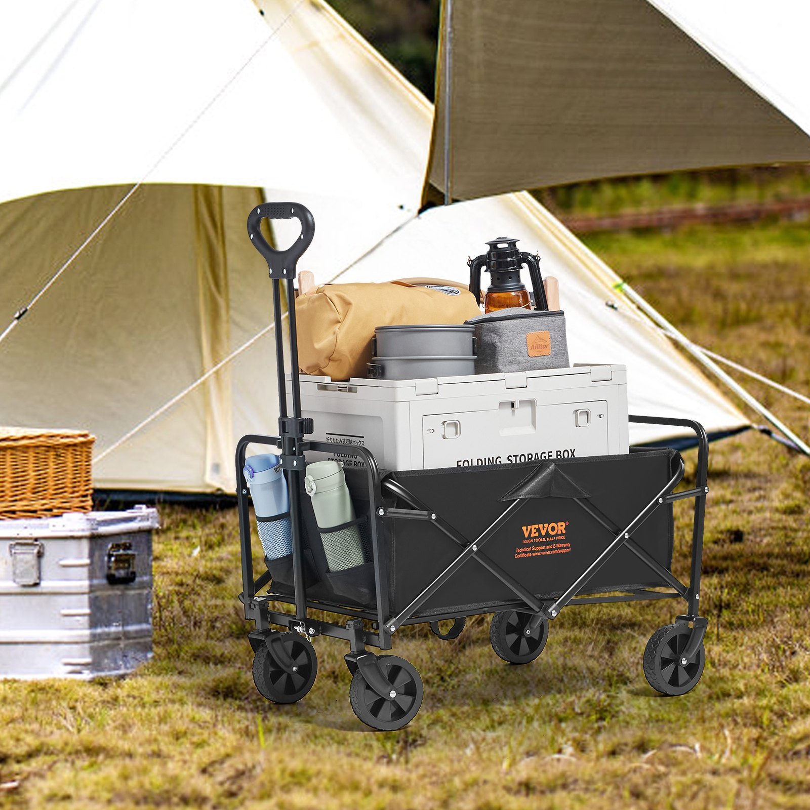 Collapsible Folding Wagon, 0.057 M Beach Wagon Cart With All-Terrain 12.7 Cm Wheels, Heavy Duty Folding Wagon Cart 99.8 Kg Weight Capacity With Drink Holders, Sports Wagon For Camping, Shopping - Image 5